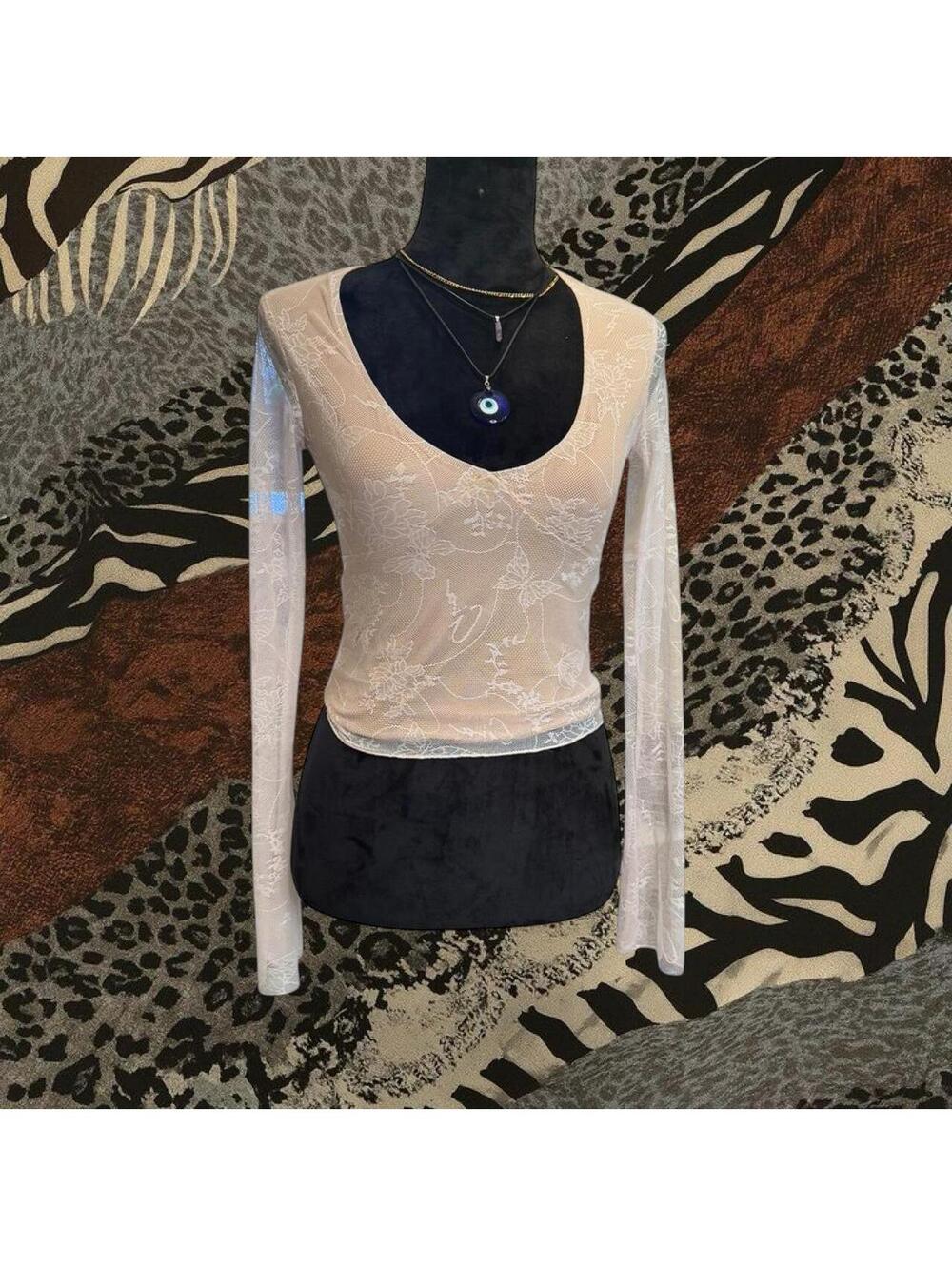 white mesh long sleeve top with floral and butterfly pattern